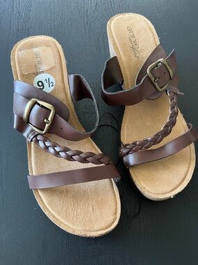Brown Braided Leather Wedge Sandals - Size 9½